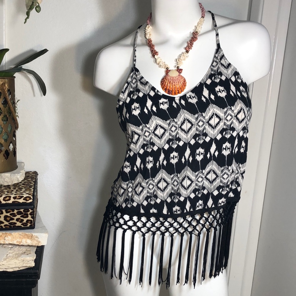 Bohemian Festival Santa Fe Fringe Trimmed Racerback Tank‎ Top Sz S